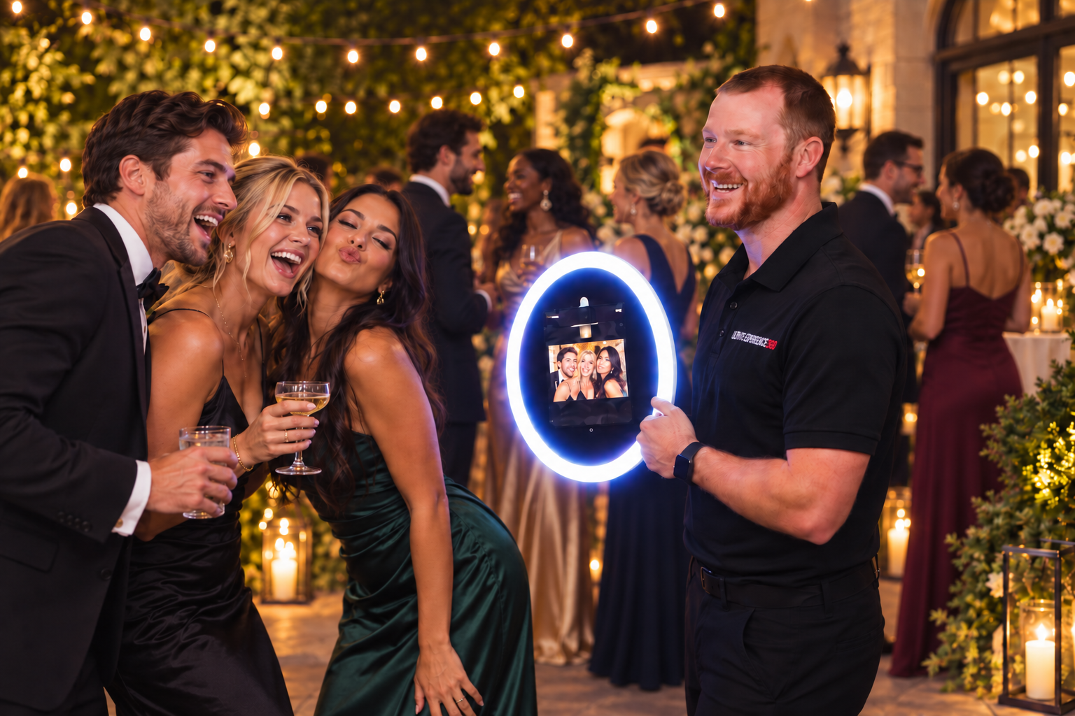 Professional roaming photo booth attendant interacting with guests at a wedding reception